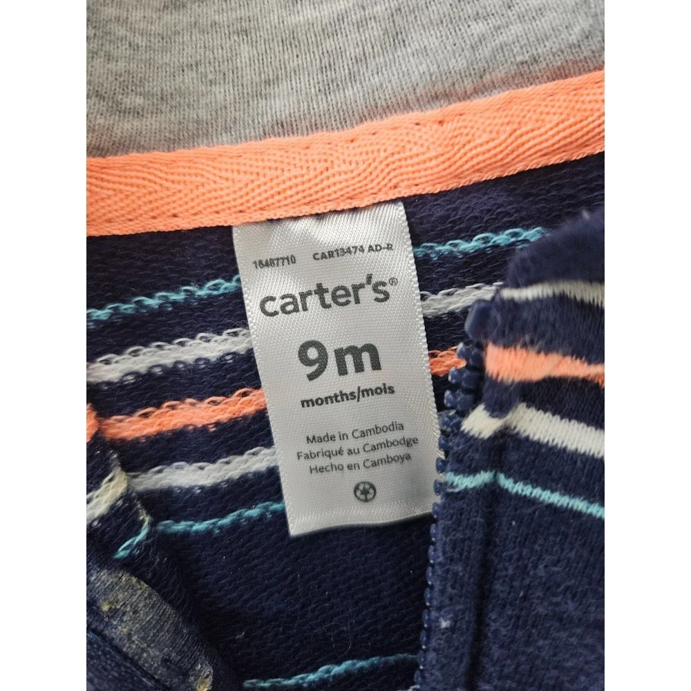 Carter's Baby‎ Hoodie 9M Navy Striped Zip Up Sweatshirt Cotton Blend